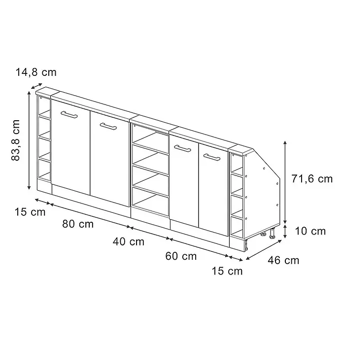 Vicco Schrankküche R-Line Anthrazit Landhaus 5er Set - Anthrazit Landhaus, Dachschrägenzeile 210cm - Heller Küchenunterschrank mit Türen, offenen Fächern und angeschrägtem Endstück, mit Maßen dargestellt.