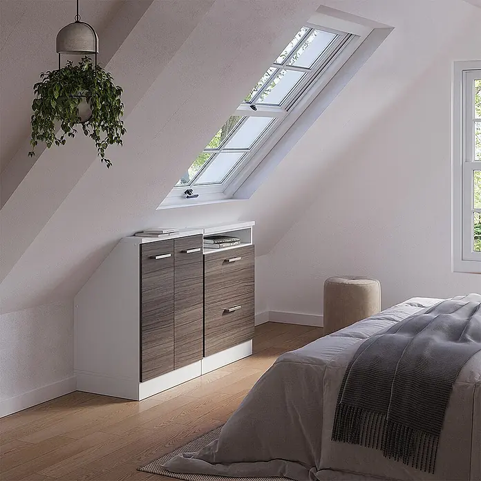 Vicco Schrankküche R-Line Edelgrau 2er Set - Edelgrau, Dachschrägenzeile 120cm - Holzoptik- und weißes Schranksystem, maßgeschneidert unter einer Dachschräge, bietet Stauraum im Schlafzimmer.