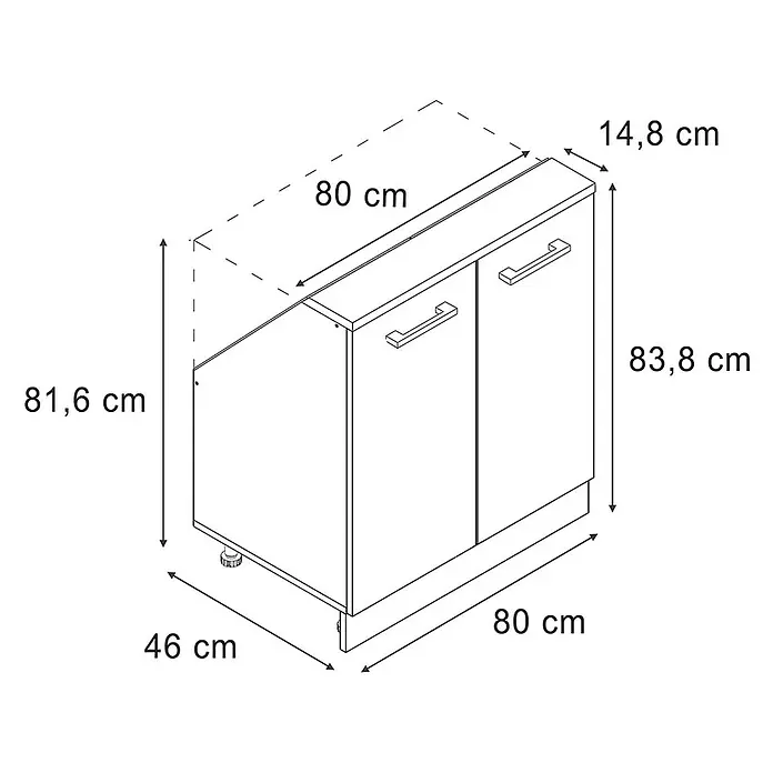 Vicco Schrankküche R-Line Goldkraft Eiche mit 2 Türen - Goldkraft Eiche, Dachschrägenschrank 80cm - Maßzeichnung eines zweitürigen Küchenunterschranks mit Griffen und Abmessungen.