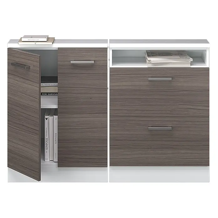 Vicco Schrankküche R-Line Edelgrau 2er Set - Edelgrau, Dachschrägenzeile 120cm - Zweiteiliges Sideboard in Holzmaserung und Weiß: links mit Tür & Schublade, rechts mit zwei Schubladen & offenem Fach.