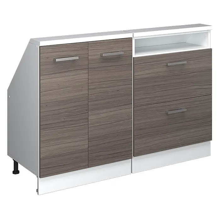Vicco Schrankküche R-Line Edelgrau 2er Set - Edelgrau, Dachschrägenzeile 120cm - Modulares Aufbewahrungsmöbel mit Holzmaserungstüren und -schubladen, weißen Rahmen und schräger Seite.