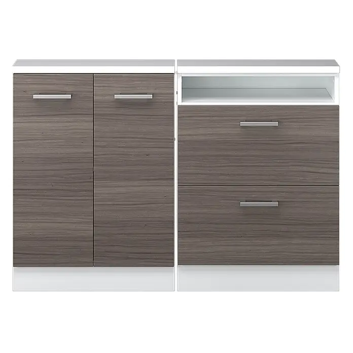 Vicco Schrankküche R-Line Edelgrau 2er Set - Edelgrau, Dachschrägenzeile 120cm - Zwei modulare Aufbewahrungseinheiten in dunkler Holzoptik mit weißen Oberflächen und Sockeln, mit Schranktüren, offener Ablage und Schubladen mit silbernen Griffen.
