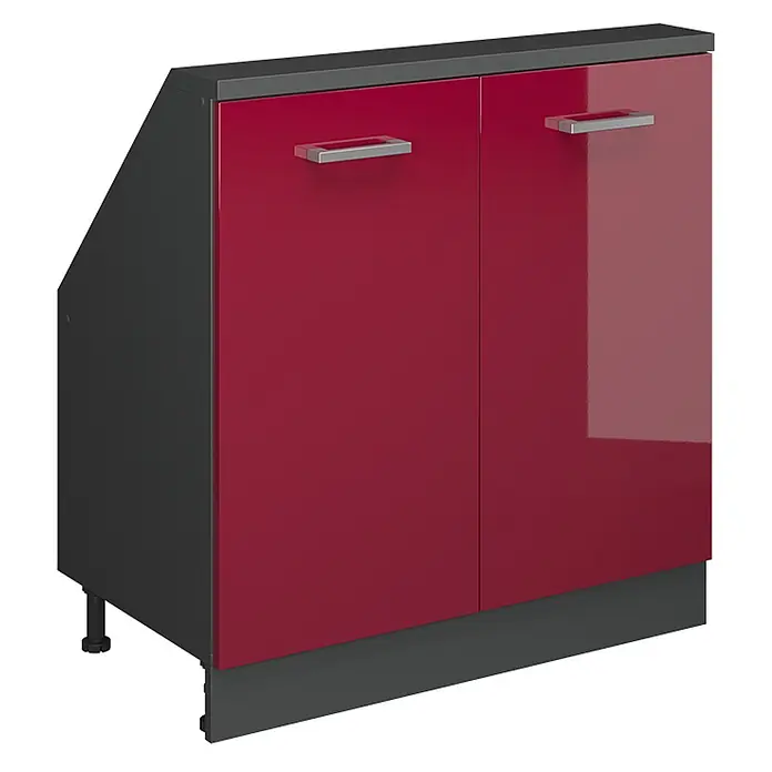 Vicco Küchenleerblock R-Line Rot Hochglanz mit 2 Türen - Breite: 80 cm, Rot Hochglanz - Glänzender roter zweitüriger Eckunterschrank mit dunkelgrauem Rahmen und Arbeitsplatte, schräge Seite.