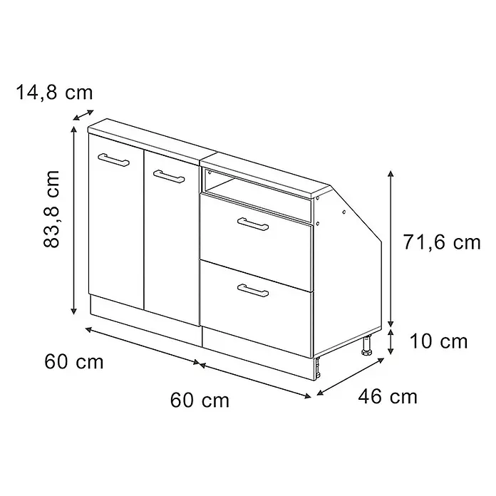 Vicco Schrankküche R-Line Artisan-Eiche 2er Set - Artisan-Eiche, Dachschrägenzeile 120cm - Küchenunterschrank mit zwei Türen, zwei Schubladen, offenem Fach und schräger Seite, Maße angegeben.