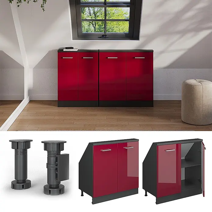 Vicco Küchenleerblock R-Line Rot Hochglanz mit 2 Türen - Breite: 80 cm, Rot Hochglanz - Zwei glänzende rot-schwarze Schränke für Dachschrägen, in einem Raum gezeigt.