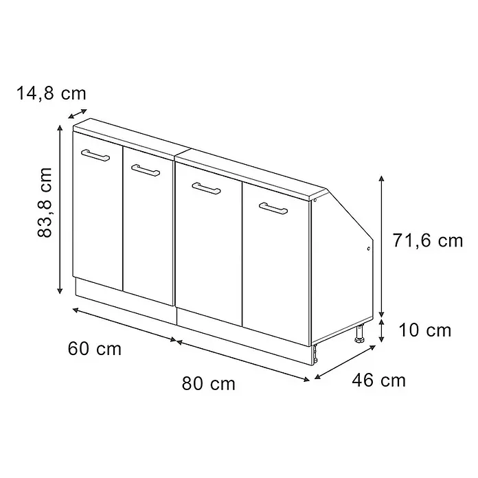 Vicco Schrankküche R-Line Blau-Grau 2er Set - Blau-Grau, Dachschrägenzeile 140cm - Weiße Küchenunterschrankzeile mit mehreren Türen und Arbeitsplatte, Maße angezeigt.