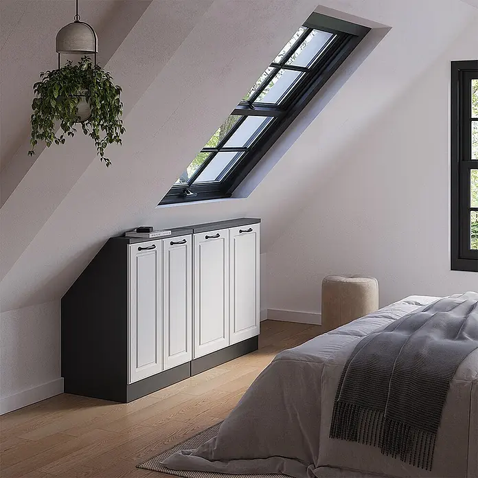 Vicco Schrankküche R-Line Weiß Landhaus 2er Set - Weiß Landhaus, Dachschrägenzeile 140cm - Zwei weiße und dunkelgraue Schränke mit vier Türen, für Dachschrägen konzipiert, bieten Stauraum in einem Dachzimmer.