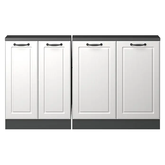 Vicco Schrankküche R-Line Weiß Landhaus 2er Set - Weiß Landhaus, Dachschrägenzeile 140cm - Weiße Küchenunterschränke mit dunkelgrauer Arbeitsplatte und schwarzen Griffen.