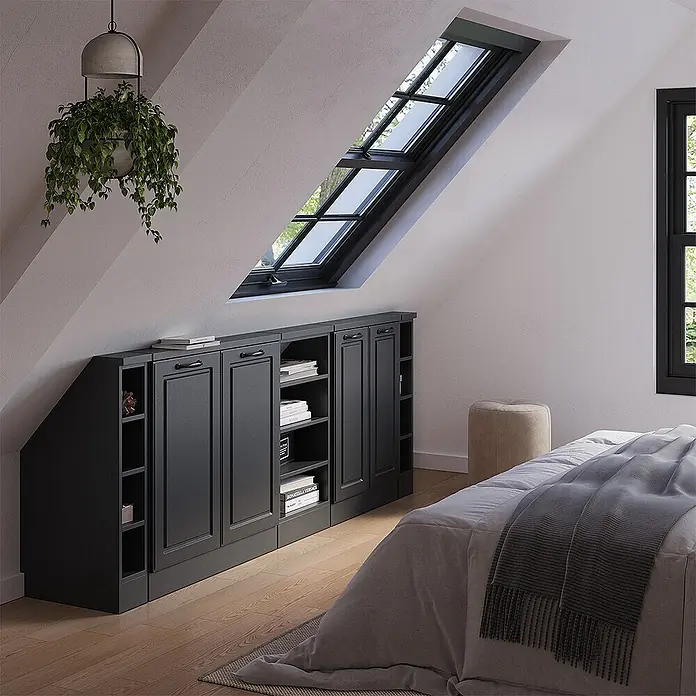 Vicco Schrankküche R-Line Anthrazit Landhaus 5er Set - Anthrazit Landhaus, Dachschrägenzeile 210cm - Dunkelgraues, maßgefertigtes Dachschrägenregal mit Türen und offenen Fächern, perfekt unter einem Dachfenster.