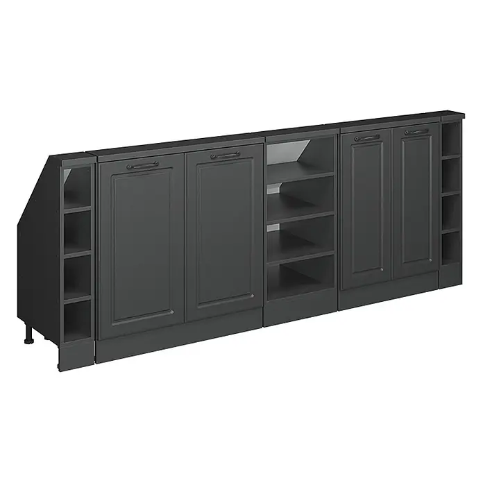 Vicco Schrankküche R-Line Anthrazit Landhaus 5er Set - Anthrazit Landhaus, Dachschrägenzeile 210cm - Dunkelgraues modulares Aufbewahrungssystem mit geschlossenen Schränken, offenen Regalen und einem abgeschrägten Endteil.