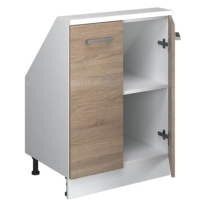 Vicco Schrankküche R-Line Sonoma mit 2 Türen - Sonoma, Dachschrägenschrank 60cm - Weißer Eckunterschrank mit heller Holzmaserungstür, offen mit einem Regal. Angewinkelte Seite und verstellbare Füße.