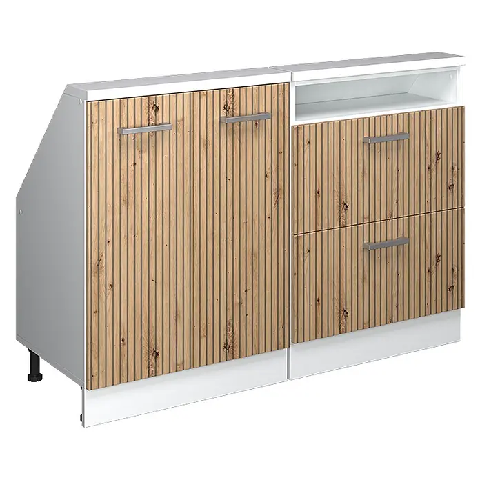 Vicco Schrankküche R-Line Artisan-Eiche 2er Set - Artisan-Eiche, Dachschrägenzeile 120cm - Modulares weißes Sideboard mit geriffelten Holztüren und Schubladen, silbernen Griffen und offenem Fach.