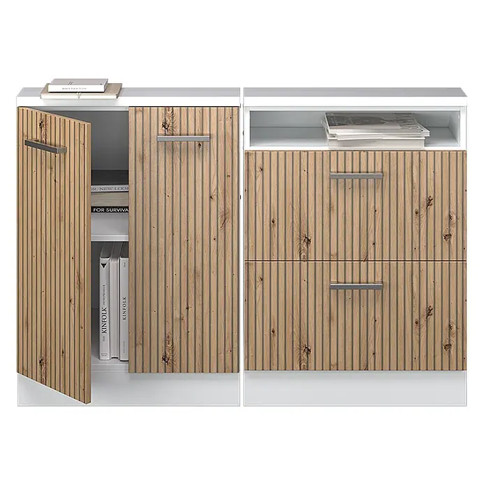 Vicco Schrankküche R-Line Artisan-Eiche 2er Set - Artisan-Eiche, Dachschrägenzeile 120cm - Weißer und gerippter Holzmaserung-Aufbewahrungsschrank mit Türen, Schubladen und offenem Fach.