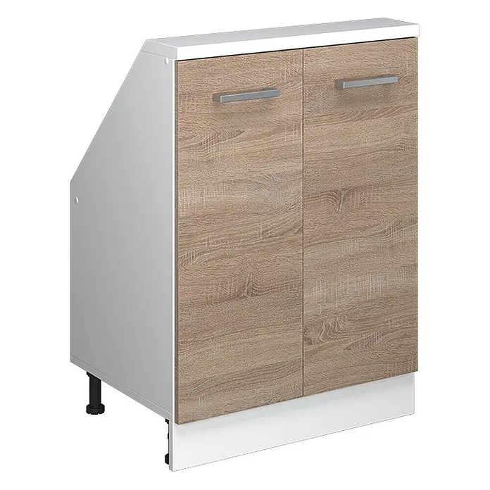 Vicco Schrankküche R-Line Sonoma mit 2 Türen - Sonoma, Dachschrägenschrank 60cm - Zweitüriger Unterschrank mit heller Holzoptikfront, weißer Platte, abgeschrägter Seitenwand und silbernen Griffen auf verstellbaren Füßen.