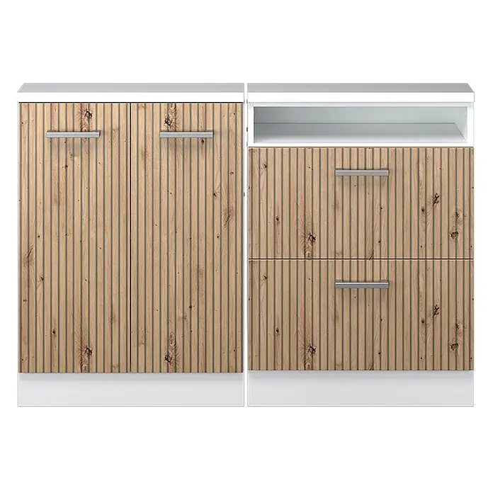 Vicco Schrankküche R-Line Artisan-Eiche 2er Set - Artisan-Eiche, Dachschrägenzeile 120cm - Weißer zweiteiliger Hochschrank mit hellen Holzlamellenfronten, links zwei Türen, rechts offenes Fach und zwei Schubladen.