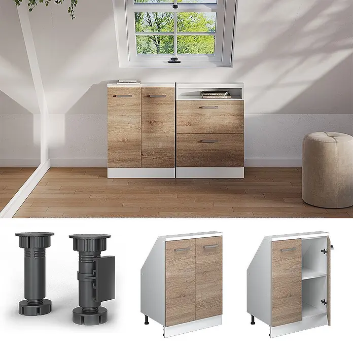 Vicco Schrankküche R-Line Sonoma mit 2 Türen - Sonoma, Dachschrägenschrank 60cm - Zwei Dachschrägen-Schränke mit heller Holzoptik und weißen Rahmen, ideal für Stauraum unter Dachschrägen.