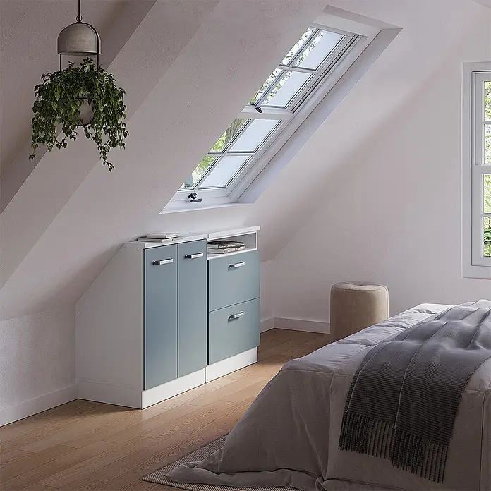 Vicco Küchenleerblock R-Line Blau-Grau 2er Set - Breite: 120 cm, Blau-Grau - Modulares Stauraumregal mit weißem Rahmen und hellblauen Fronten, mit Türen und Schubladen, maßgefertigt unter einer Dachschräge.
