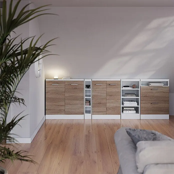 Vicco Schrankküche R-Line Sonoma mit 2 Türen - Sonoma, Dachschrägenschrank 60cm - Modulare Aufbewahrungseinheit in Weiß und hellem Holz mit Regalen und Schubladen im Raum.