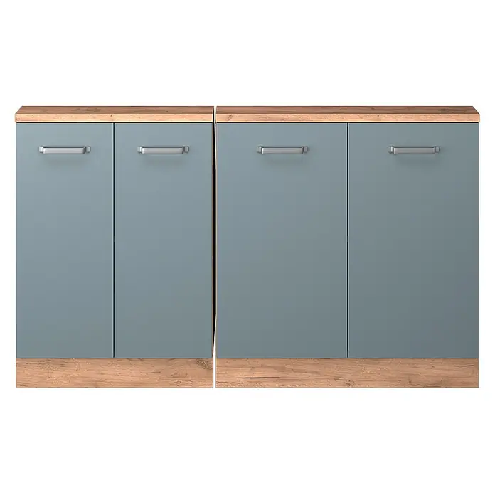 Vicco Küchenleerblock R-Line Blau-Grau 2er Set - Breite: 140 cm, Blau-Grau - Zwei hellblau-graue Schränke mit Holzplatten und -sockeln sowie silbernen Griffen.