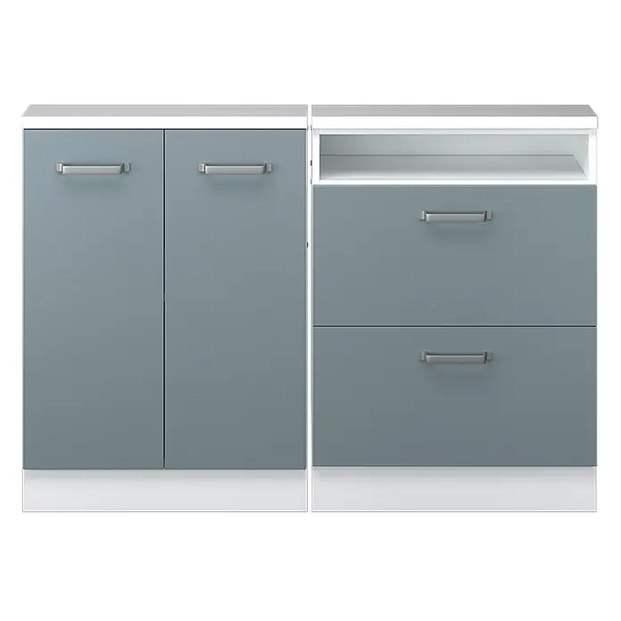 Vicco Küchenleerblock R-Line Blau-Grau 2er Set - Breite: 120 cm, Blau-Grau - Zwei modulare Schränke mit blaugrauen Türen und Schubladen, weißen Rahmen und silbernen Griffen. Mit offenem Fach, zwei Türen und zwei Schubladen.
