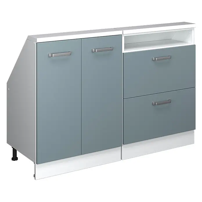 Vicco Küchenleerblock R-Line Blau-Grau 2er Set - Breite: 120 cm, Blau-Grau - Modularer graublauer Schrank mit zwei Türen, zwei Schubladen und einem offenen Fach, mit schräger Seitenwand.