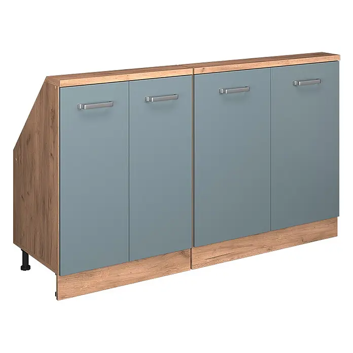 Vicco Küchenleerblock R-Line Blau-Grau 2er Set - Breite: 140 cm, Blau-Grau - Modulschrank in Blaugrau mit Holzdekor oben und unten, schräger Seite und Metallgriffen, ideal zur Aufbewahrung.