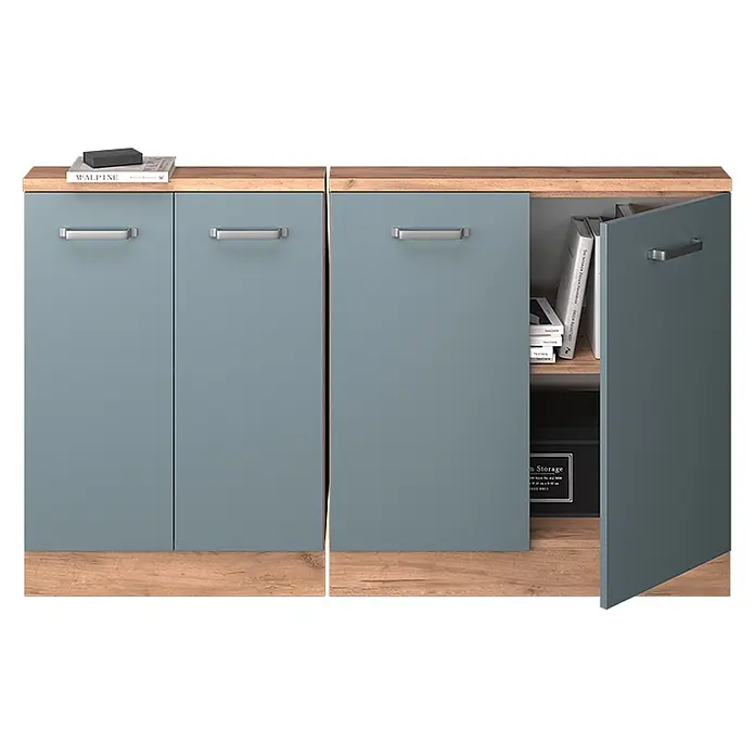 Vicco Küchenleerblock R-Line Blau-Grau 2er Set - Breite: 140 cm, Blau-Grau - Hellblau-grauer Schrank mit Holzplatte und -sockel, Metallgriffen. Eine Tür ist offen und zeigt Bücher und eine Aufbewahrungsbox.