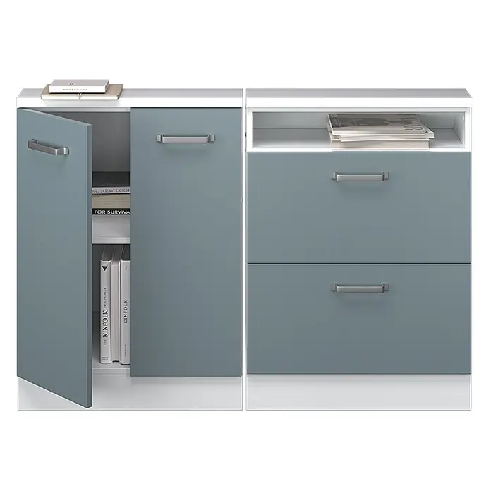 Vicco Küchenleerblock R-Line Blau-Grau 2er Set - Breite: 120 cm, Blau-Grau - Blaugraues modulares Sideboard mit einem Schrank (Tür offen), zwei Schubladen und einem offenen Fach oben.