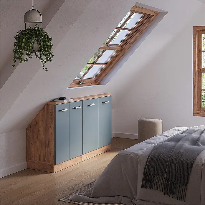 Vicco Küchenleerblock R-Line Blau-Grau 2er Set - Breite: 140 cm, Blau-Grau - Maßgefertigter Dachschrägenschrank mit Holzdekorrahmen und blaugrauen Türen unter einer Dachschräge.