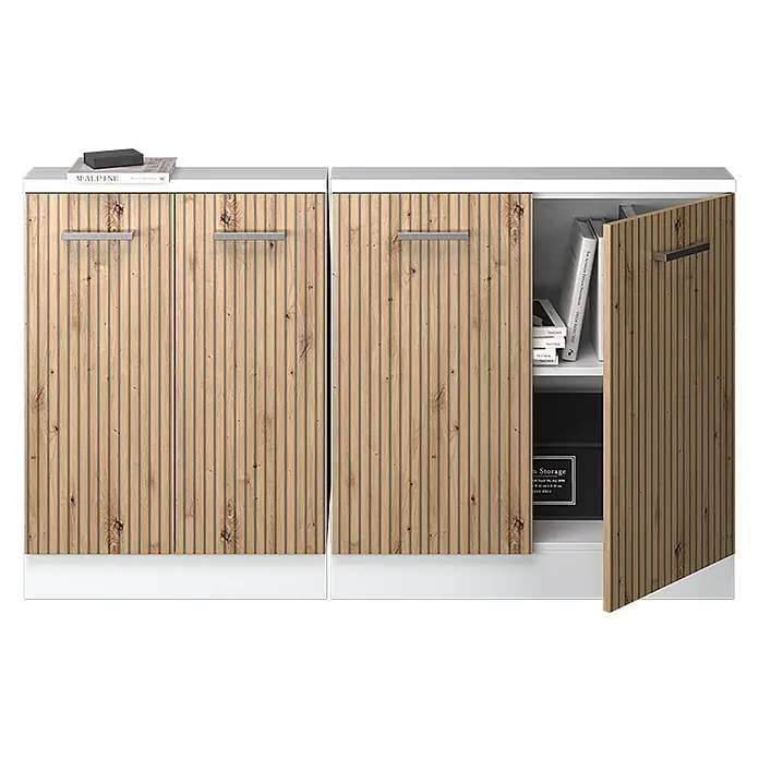 Küchenschrank für Dachschrägen R-Line 140 cm Artisan-Eiche Art.-Nr. 58159 -  - Weißes Sideboard mit Lamellentüren aus Holz. Eine Tür ist offen und zeigt Bücher und eine Aufbewahrungsbox.