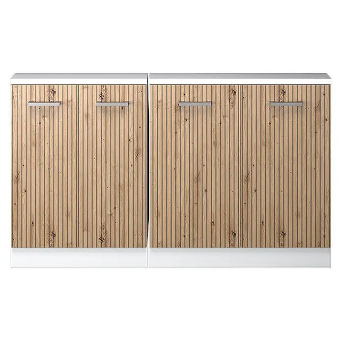 Küchenschrank für Dachschrägen R-Line 140 cm Artisan-Eiche Art.-Nr. 58159 -  - Zwei Holzschränke mit Lamellentüren, weißen Oberflächen und Sockeln sowie silbernen Griffen.