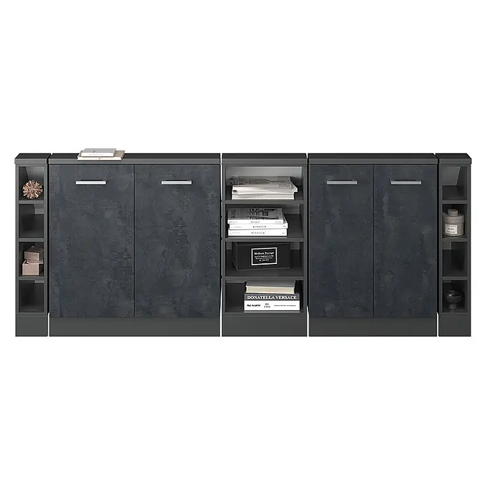 Vicco Küchenleerblock R-Line Schwarz Beton 5er Set - Breite: 210 cm, Schwarz Beton - Dunkelgraues modulares Schranksystem mit texturierten Türen und offenen Regalen, vielseitige Aufbewahrungslösung.
