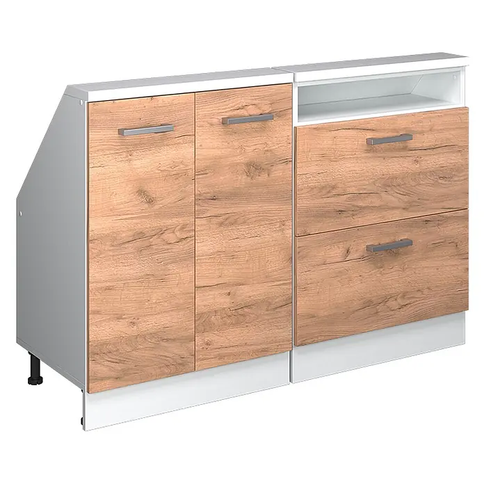 Vicco Schrankküche R-Line Goldkraft Eiche 2er Set - Goldkraft Eiche, Dachschrägenzeile 120cm - Modulares Sideboard mit hellen Holzoptik-Türen und Schubladen, weißem Rahmen, silbernen Griffen. Mit offenem Fach und schräger Seite.