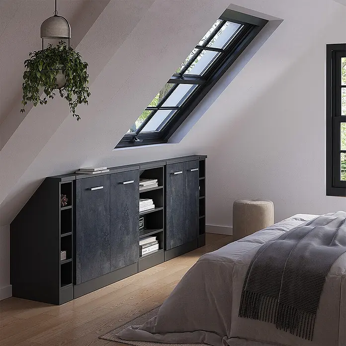 Vicco Küchenleerblock R-Line Schwarz Beton 5er Set - Breite: 210 cm, Schwarz Beton - Dunkelgraues modulares Schranksystem, passend unter eine Dachschräge, mit Türen und offenen Fächern für Stauraum.