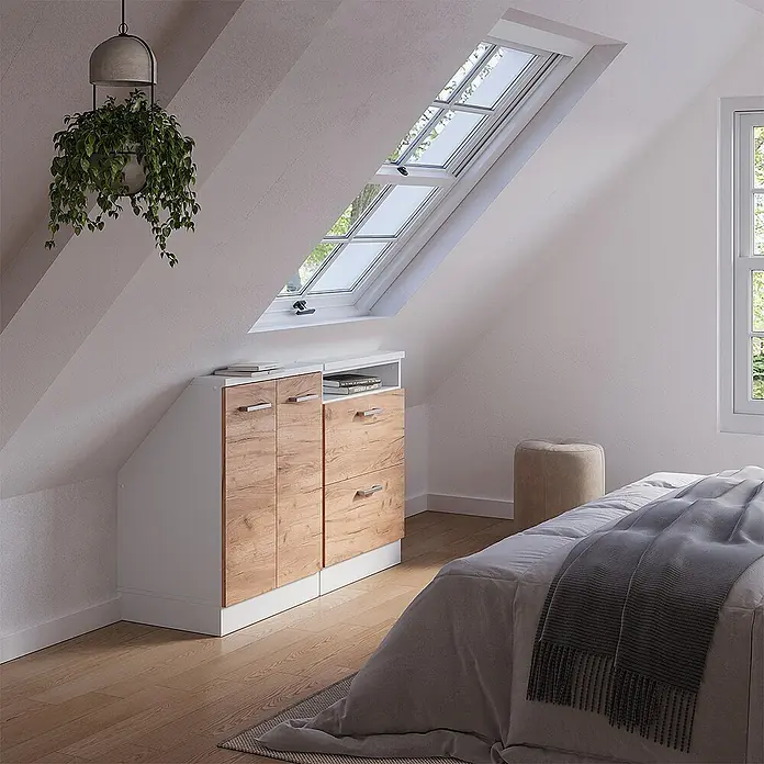 Vicco Schrankküche R-Line Goldkraft Eiche 2er Set - Goldkraft Eiche, Dachschrägenzeile 120cm - Weißer und heller Holzschrank mit Türen und Schubladen, maßgefertigt unter einer Dachschräge für optimalen Stauraum.