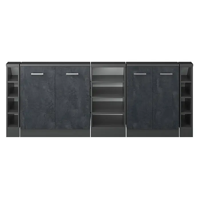 Vicco Küchenleerblock R-Line Schwarz Beton 5er Set - Breite: 210 cm, Schwarz Beton - Modulares dunkelgraues Schranksystem mit strukturierten Türen und offenen Regaleinheiten.