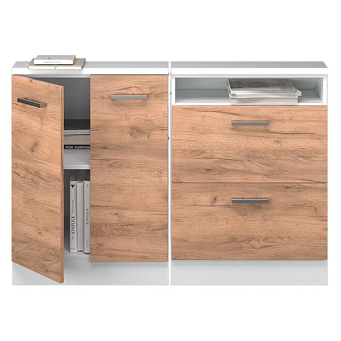 Vicco Schrankküche R-Line Goldkraft Eiche 2er Set - Goldkraft Eiche, Dachschrägenzeile 120cm - Zweiteiliges Sideboard: helles Holzdekor und Weiß. Mit Schrank, offenem Fach und zwei Schubladen mit silbernen Griffen.