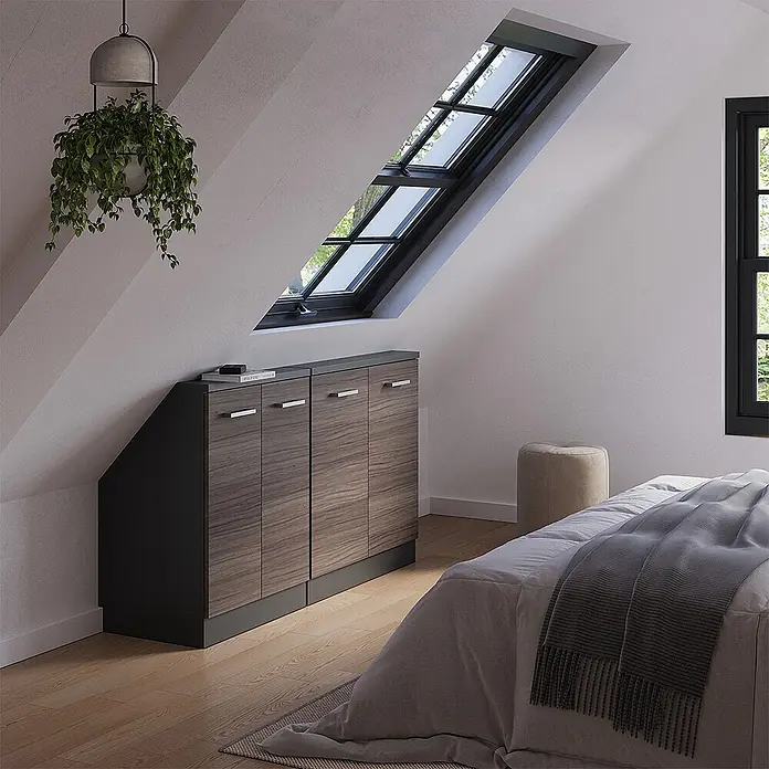 Vicco Schrankküche R-Line Edelgrau 2er Set - Edelgrau, Dachschrägenzeile 140cm - Dachschrägen-Schranksystem mit dunklen Holzmaserungstüren, Metallgriffen, perfekt für Dachzimmer.