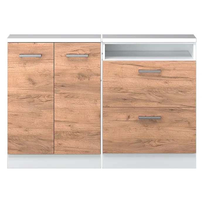 Vicco Schrankküche R-Line Goldkraft Eiche 2er Set - Goldkraft Eiche, Dachschrägenzeile 120cm - Modulares Sideboard in Holzoptik mit weißen Platten. Es hat einen Zweitürer und eine Einheit mit offener Ablage und zwei Schubladen, alle mit silbernen Griffen.