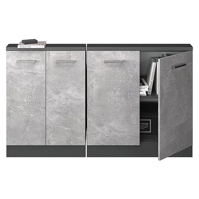Vicco Schrankküche R-Line Beton 2er Set - Beton, Dachschrägenzeile 140cm - Graues Sideboard in Betonoptik mit dunkelgrauer Platte und Basis, eine Tür geöffnet, um Stauraum für Bücher zu zeigen.