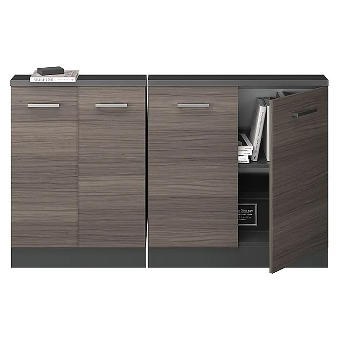 Vicco Schrankküche R-Line Edelgrau 2er Set - Edelgrau, Dachschrägenzeile 140cm - Holzmaserung-Stauraumschrank mit dunkelgrauer Ober- und Unterseite, silbernen Griffen. Eine Tür offenbart gelagerte Bücher.