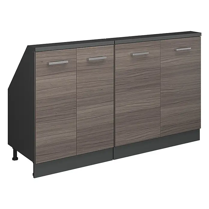 Vicco Schrankküche R-Line Edelgrau 2er Set - Edelgrau, Dachschrägenzeile 140cm - Modulares Stauraummöbel: zwei Einheiten mit grauen Holzmaserungs-Doppeltüren, dunkelgrauen Platten und Sockeln, silberne Griffe. Linke Einheit abgeschrägt.