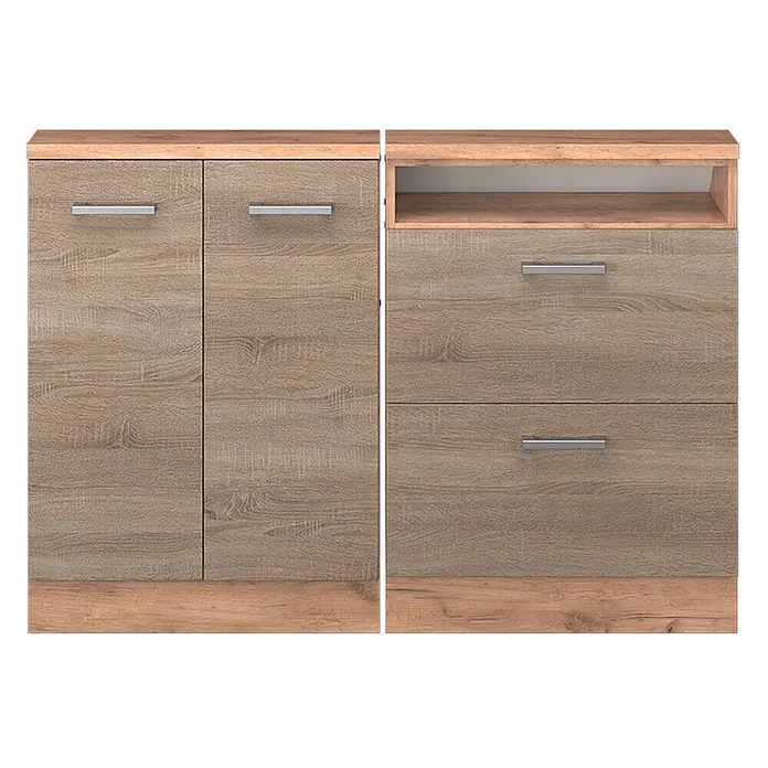Vicco Schrankküche R-Line Sonoma 2er Set - Sonoma, Dachschrägenzeile 120cm - Zwei Möbelstücke in heller Holzoptik: ein Schrank mit zwei Türen und ein Element mit offenem Fach und zwei Schubladen, beide mit silbernen Griffen.