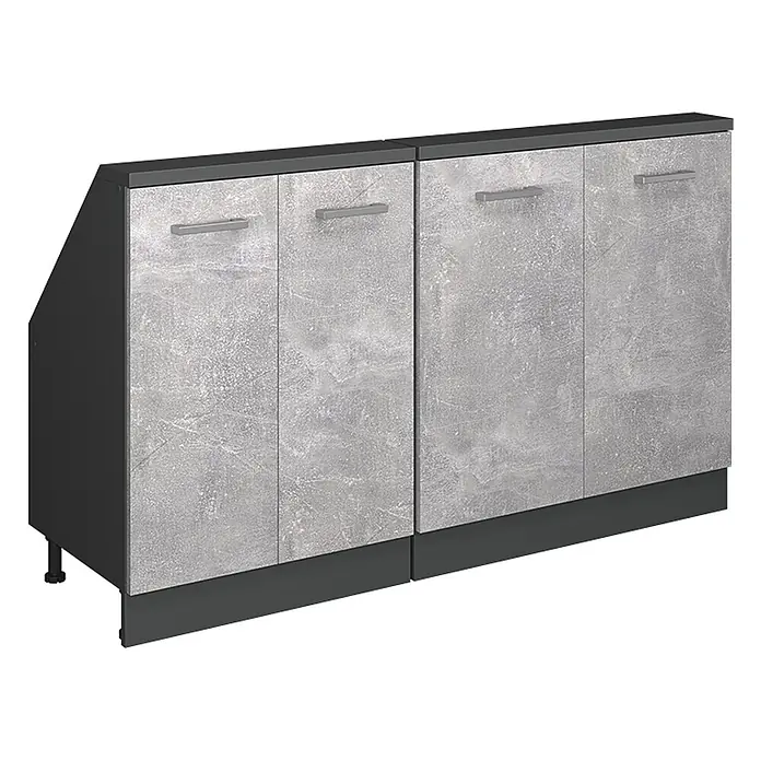 Vicco Schrankküche R-Line Beton 2er Set - Beton, Dachschrägenzeile 140cm - Modul-Küchenunterschrank mit dunkelgrauem Korpus, Betonoptik-Türen und Metallgriffen. Eine Einheit ist angeschrägt.