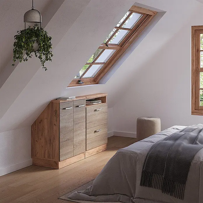 Vicco Schrankküche R-Line Sonoma 2er Set - Sonoma, Dachschrägenzeile 120cm - Helles Holzschranksystem mit Türen und Schubladen, maßgefertigt für Räume mit Dachschräge.