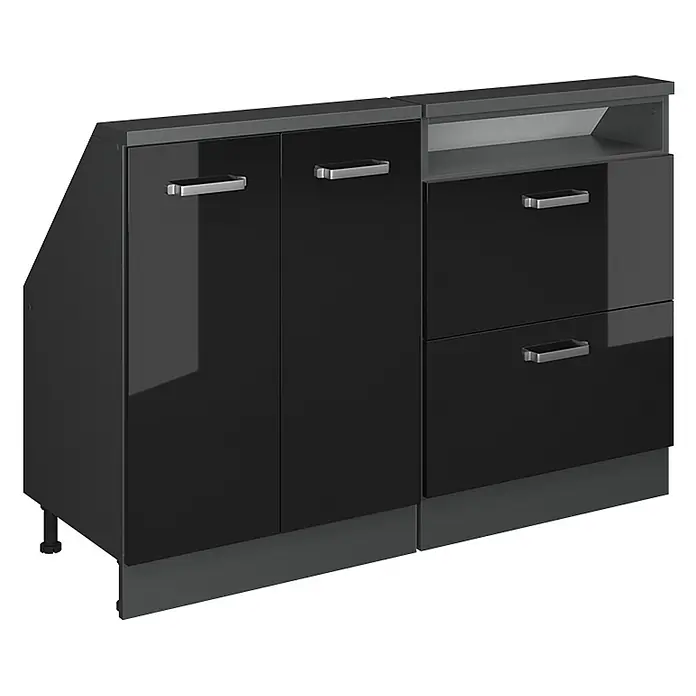 Vicco Küchenschrank für Dachschrägen R-Line, Schwarz Hochglanz, 120 cm -  - Schwarzer Hochglanzschrank mit zwei Türen, zwei Schubladen, einem offenen Fach, grauen Akzenten und Metallgriffen.