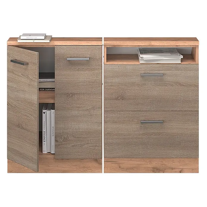 Vicco Schrankküche R-Line Sonoma 2er Set - Sonoma, Dachschrägenzeile 120cm - Helles Eichenholz-Effekt-Aufbewahrungsschrank mit Tür, offenem Fach und zwei Schubladen, mit silbernen Griffen.