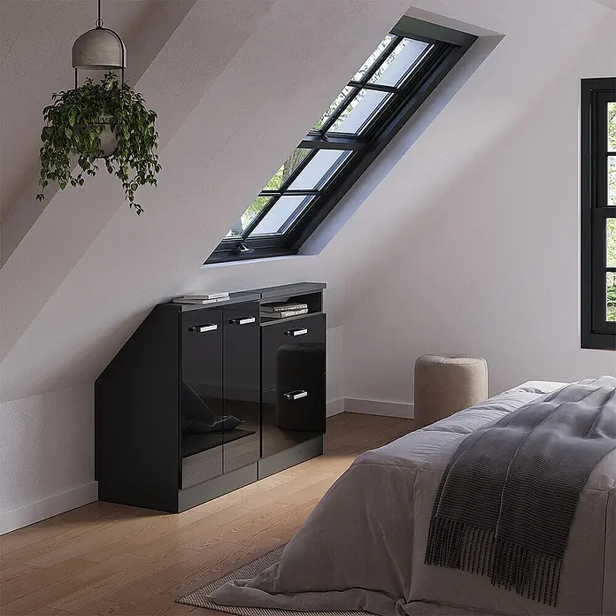 Vicco Küchenschrank für Dachschrägen R-Line, Schwarz Hochglanz, 120 cm -  - Schwarzes Hochglanz-Aufbewahrungsmöbel mit Schubladen und Türen, passend unter eine Dachschräge.