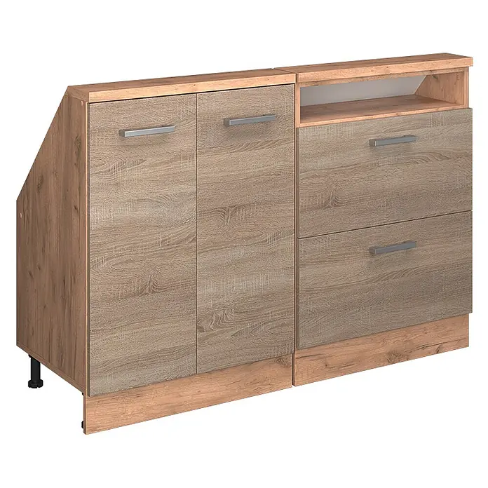 Vicco Schrankküche R-Line Sonoma 2er Set - Sonoma, Dachschrägenzeile 120cm - Heller und dunkler brauner Holzoptik-Schrank mit zwei Türen, einem offenen Regal und zwei Schubladen zur Aufbewahrung.
