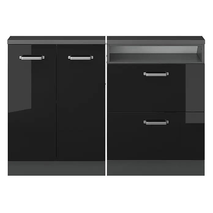 Vicco Küchenschrank für Dachschrägen R-Line, Schwarz Hochglanz, 120 cm -  - Zwei hochglänzende schwarze Aufbewahrungsschränke mit grauen Platten und silbernen Griffen. Einer hat zwei Türen, der andere ein offenes Fach und zwei Schubladen.